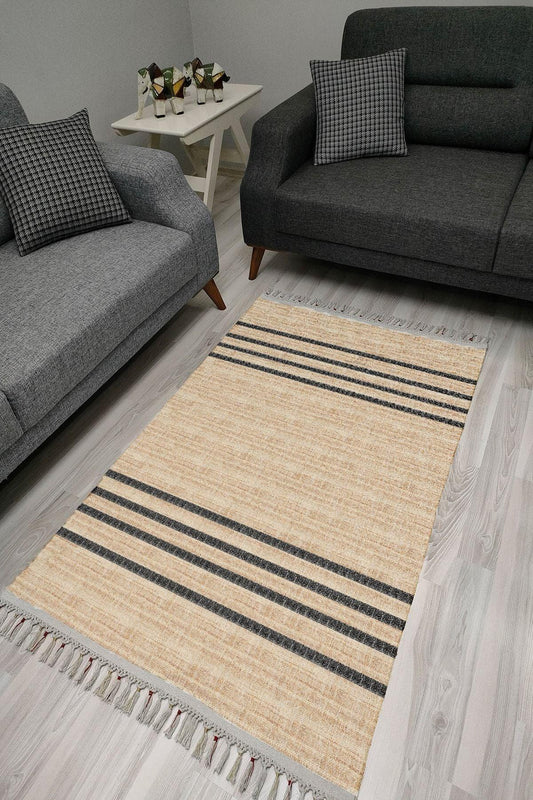 Cotton Serisi Süt Kahve Ve Koyu Gri Tonlarında Ince Bordürlü Dekoratif Dokuma Taban Kilim - HALI VAGONU