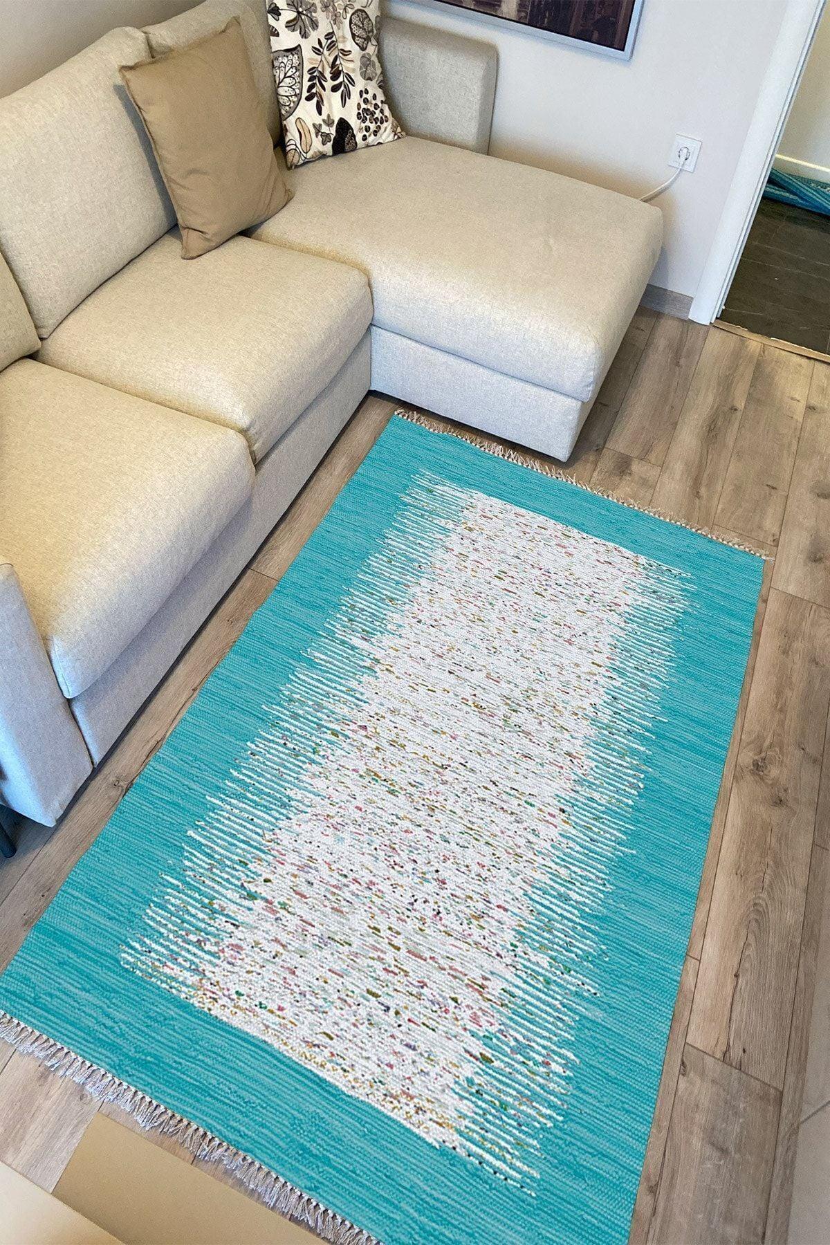 Cotton Serisi Turkuaz Rengi Ortası Su Yolu Eskitme Modern Desen Dekoratif Dokuma Taban Kilim - HALI VAGONU