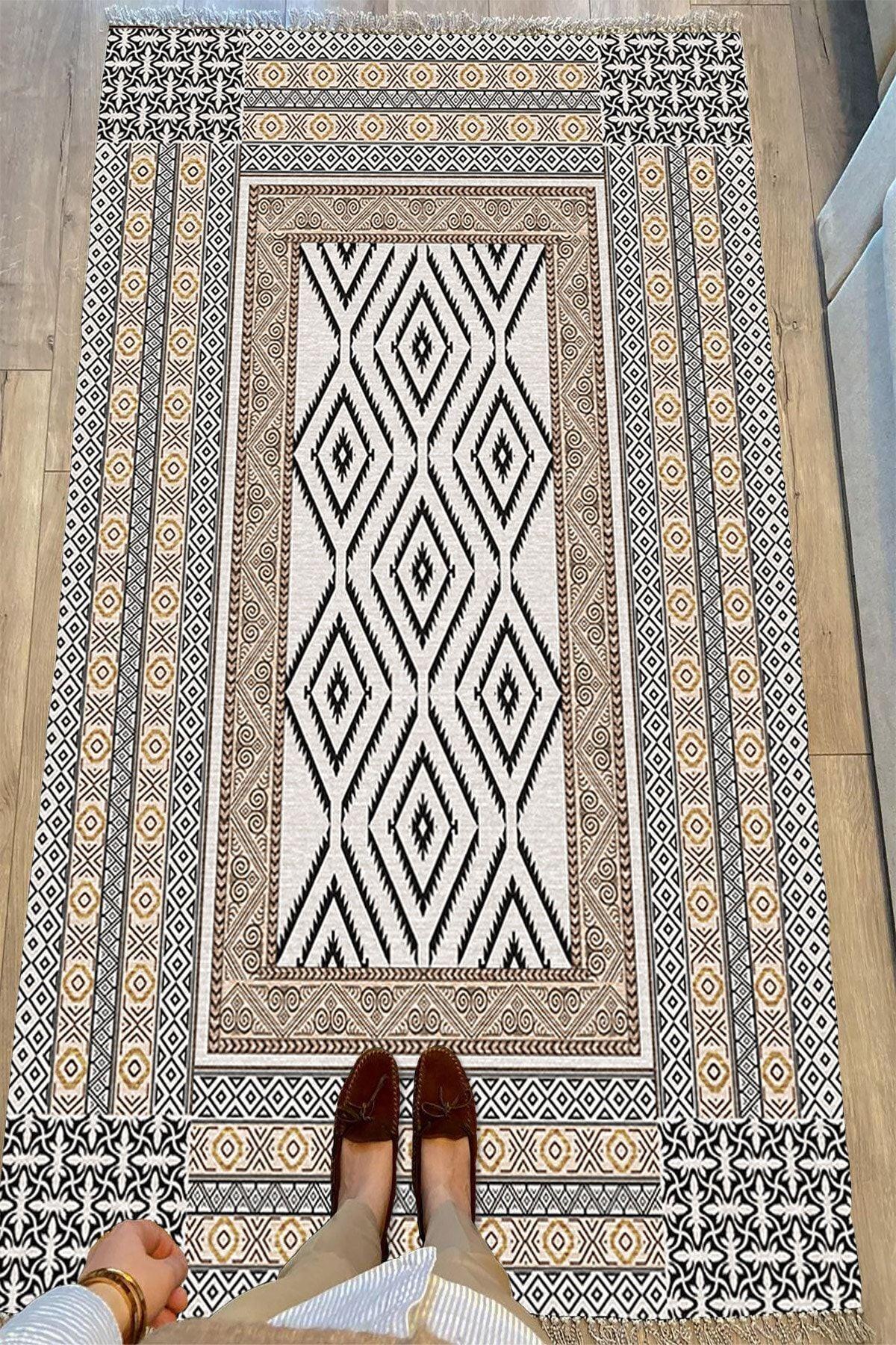 Cotton Serisi Yunan Motifli Eskitme Antik Otantik Desen Dekoratif Dokuma Taban Kilim - HALI VAGONU