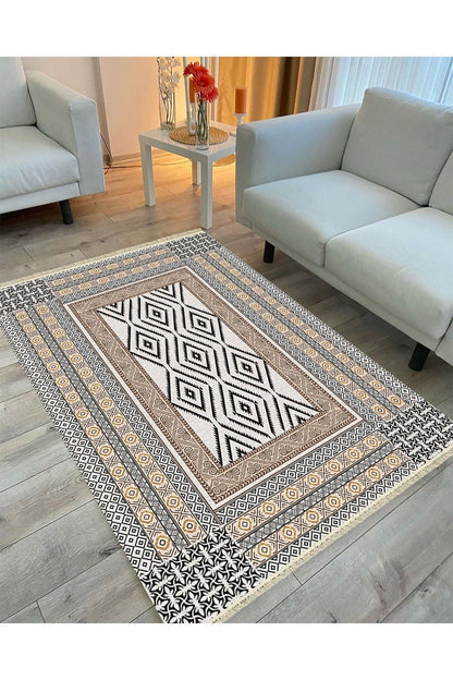 Cotton Serisi Yunan Motifli Eskitme Antik Otantik Desen Dekoratif Dokuma Taban Kilim - HALI VAGONU