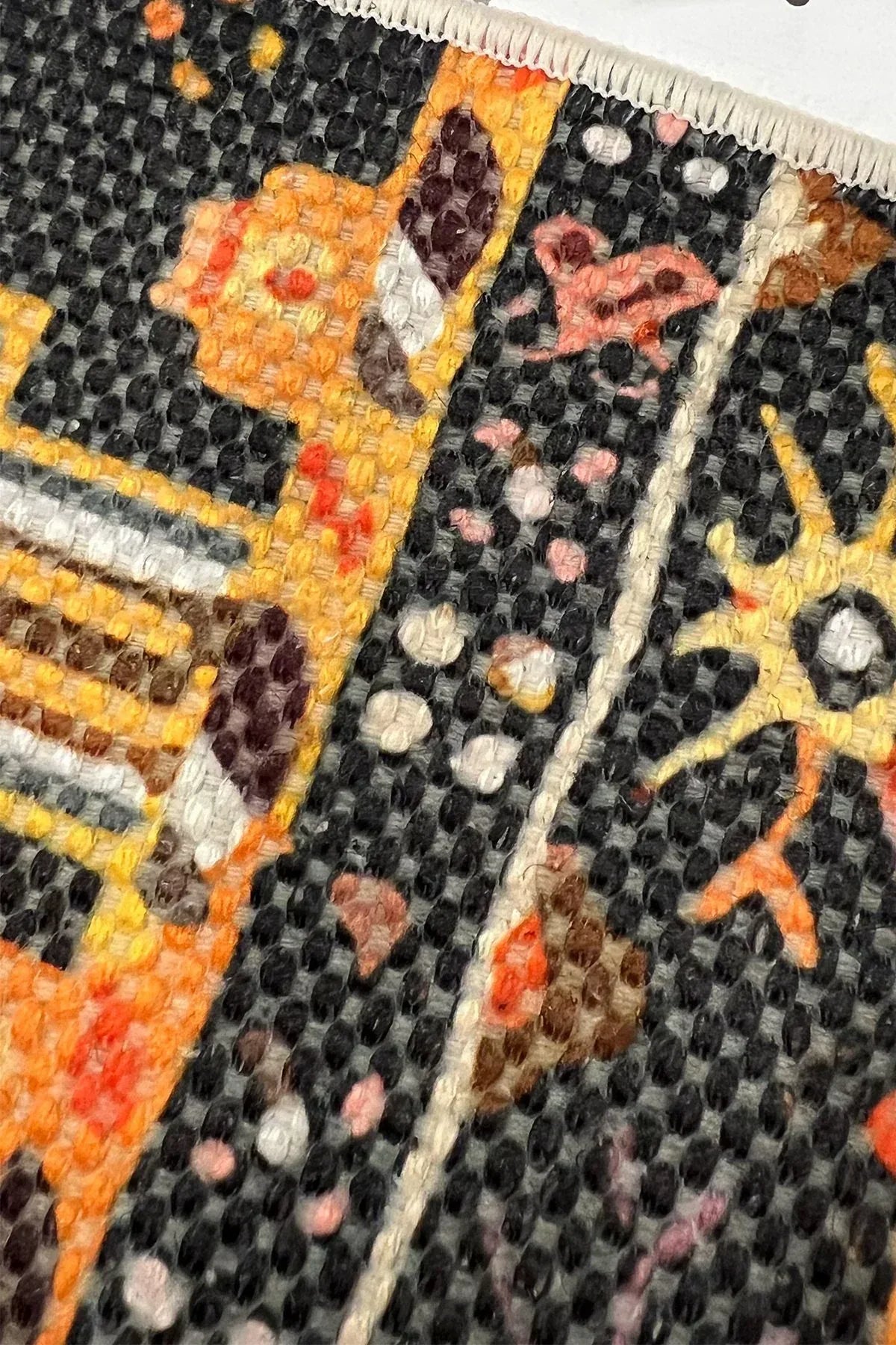 Cotton Siyah Etnik Otantik Desenli Çizgili Saçaklı Pamuk Taban Kilim 3593 - HALI VAGONU