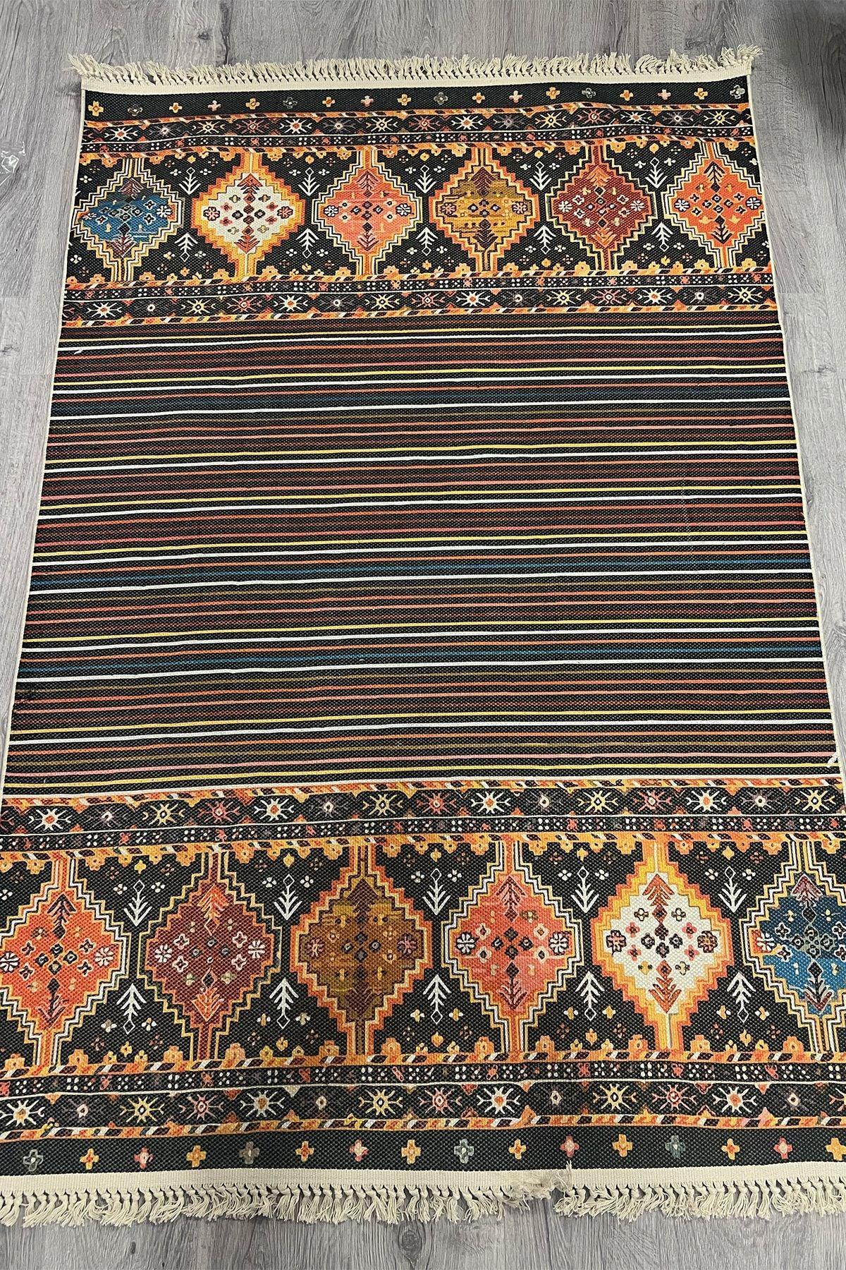 Cotton Siyah Etnik Otantik Desenli Çizgili Saçaklı Pamuk Taban Kilim 3593 - HALI VAGONU