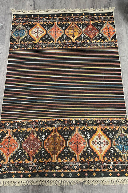 Cotton Siyah Etnik Otantik Desenli Çizgili Saçaklı Pamuk Taban Kilim 3593 - HALI VAGONU