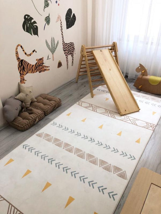 HV203 Sarı Kahve Mavi İskandinav Çocuk Halısı - Yumuşak, Kolay Temizlenebilir, Canlı Renkler
