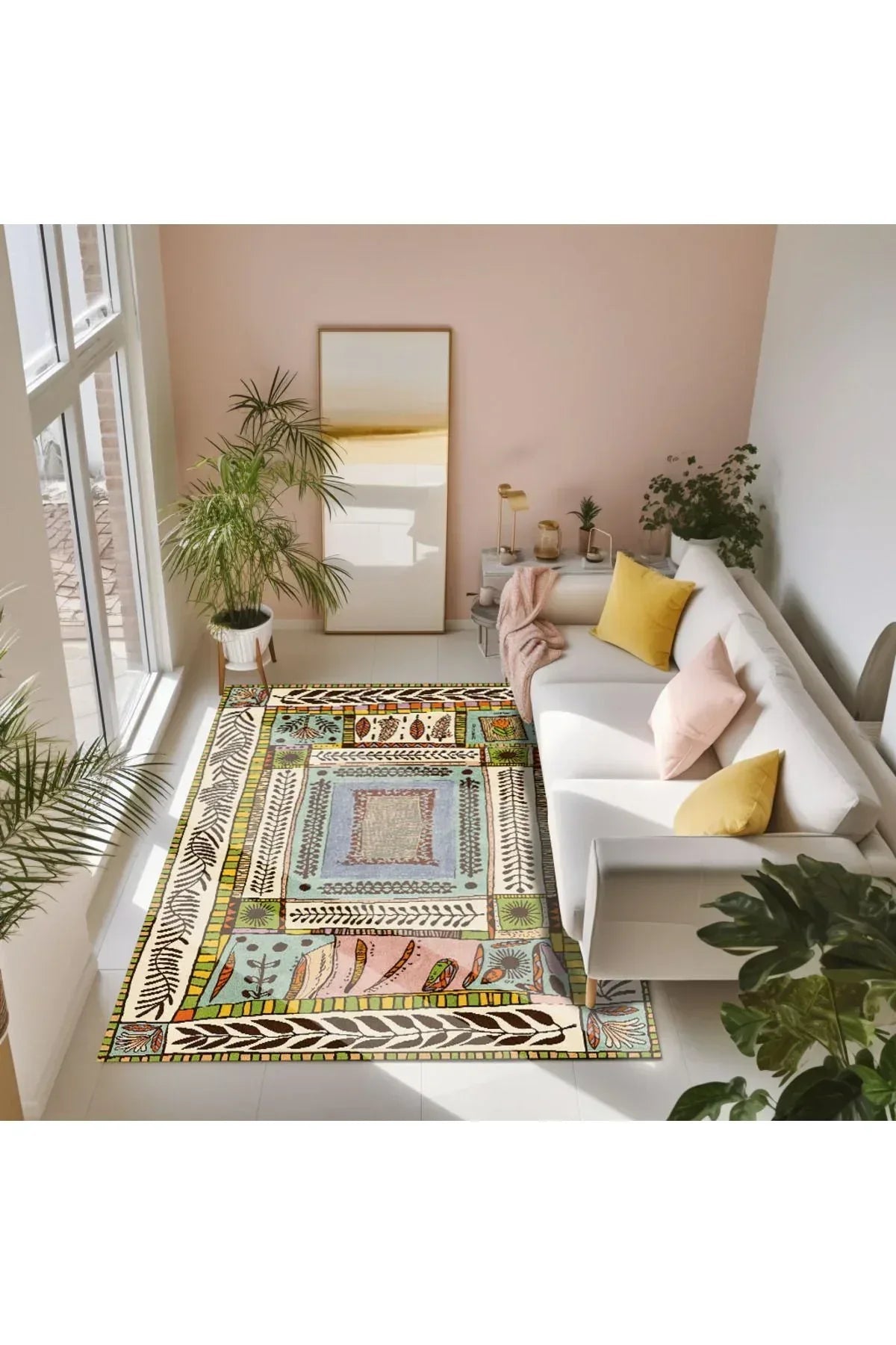 Floral Bej Tonlarında Pastel Botanik Tema Dokuma Taban Salon Halısı Çocuk Halısı Halı Vagonu 255 - HALI VAGONU