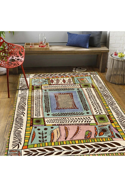 Floral Bej Tonlarında Pastel Botanik Tema Dokuma Taban Salon Halısı Çocuk Halısı Halı Vagonu 255 - HALI VAGONU