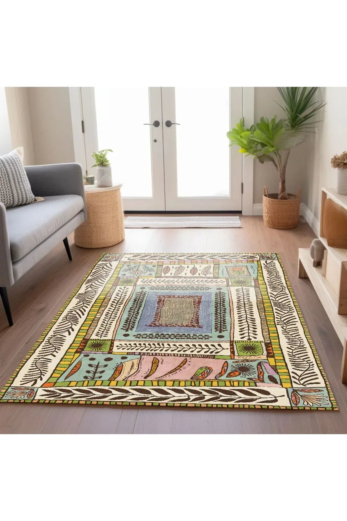 Floral Bej Tonlarında Pastel Botanik Tema Dokuma Taban Salon Halısı Çocuk Halısı Halı Vagonu 255 - HALI VAGONU