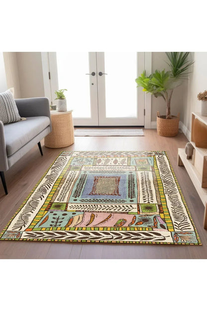 Floral Bej Tonlarında Pastel Botanik Tema Dokuma Taban Salon Halısı Çocuk Halısı Halı Vagonu 255 - HALI VAGONU