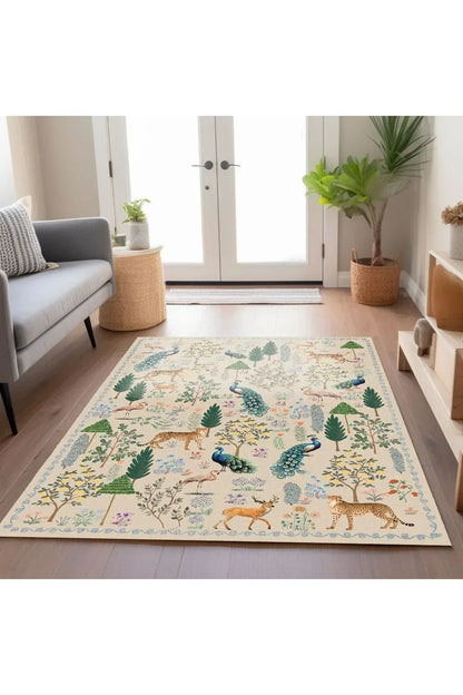 Floral Bej Tonlarında Pastel Botanik Tema Dokuma Taban Salon Halısı Çocuk halısı mars254 - HALI VAGONU