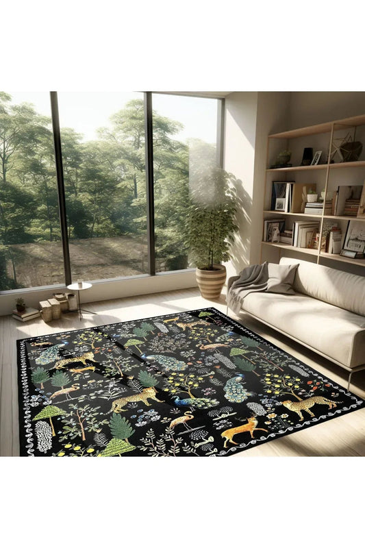 Floral HV Haki Pastel Çok Renkli Botanik Tema Dokuma Taban Halı Salon Halısı Çocuk Halısı HV 253 - HALI VAGONU