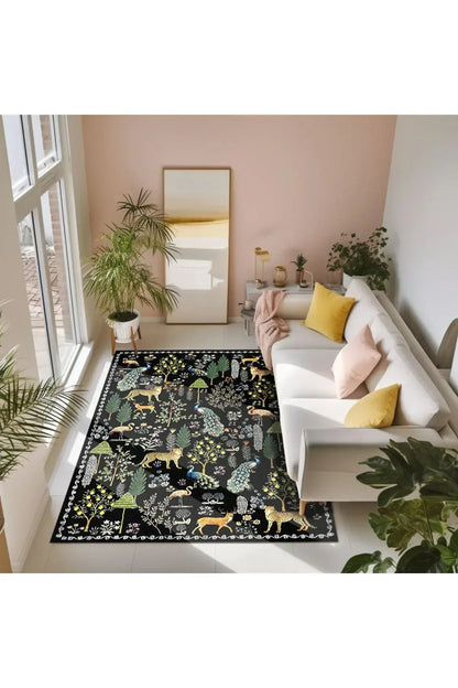 Floral HV Haki Pastel Çok Renkli Botanik Tema Dokuma Taban Halı Salon Halısı Çocuk Halısı HV 253 - HALI VAGONU