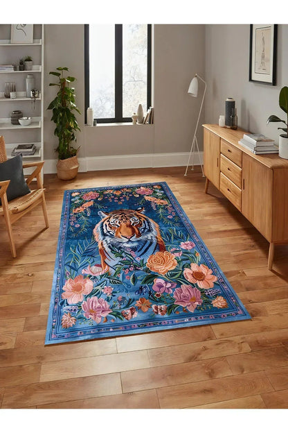 Floral Kaplan Temalı Çok Renkli Dokuma Taban Halı Salon Halısı Çocuk Halısı - HALI VAGONU