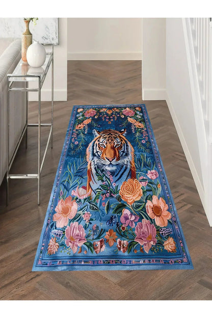 Floral Kaplan Temalı Çok Renkli Dokuma Taban Halı Salon Halısı Çocuk Halısı - HALI VAGONU