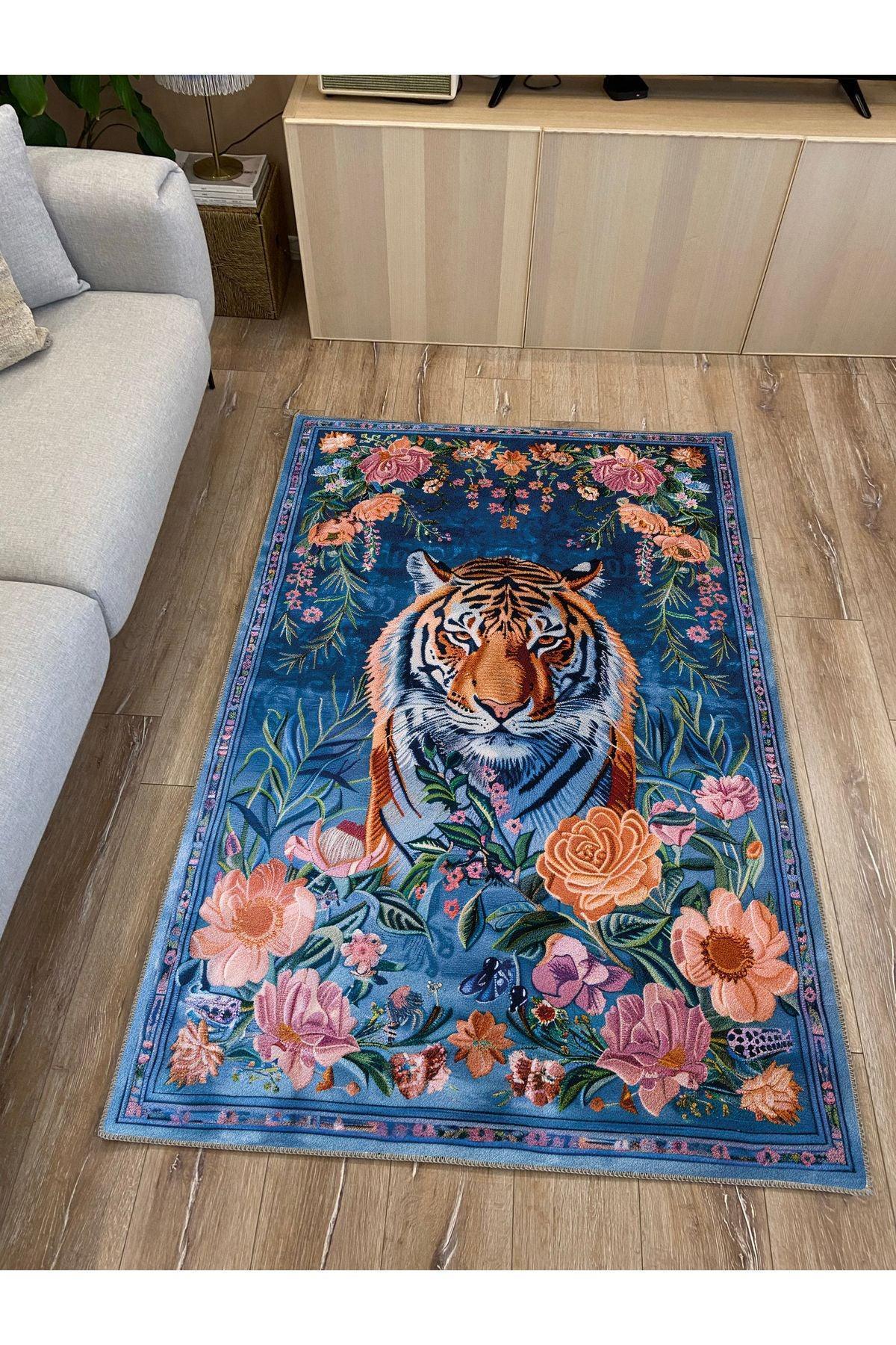 Floral Kaplan Temalı Çok Renkli Dokuma Taban Halı Salon Halısı Çocuk Halısı - HALI VAGONU