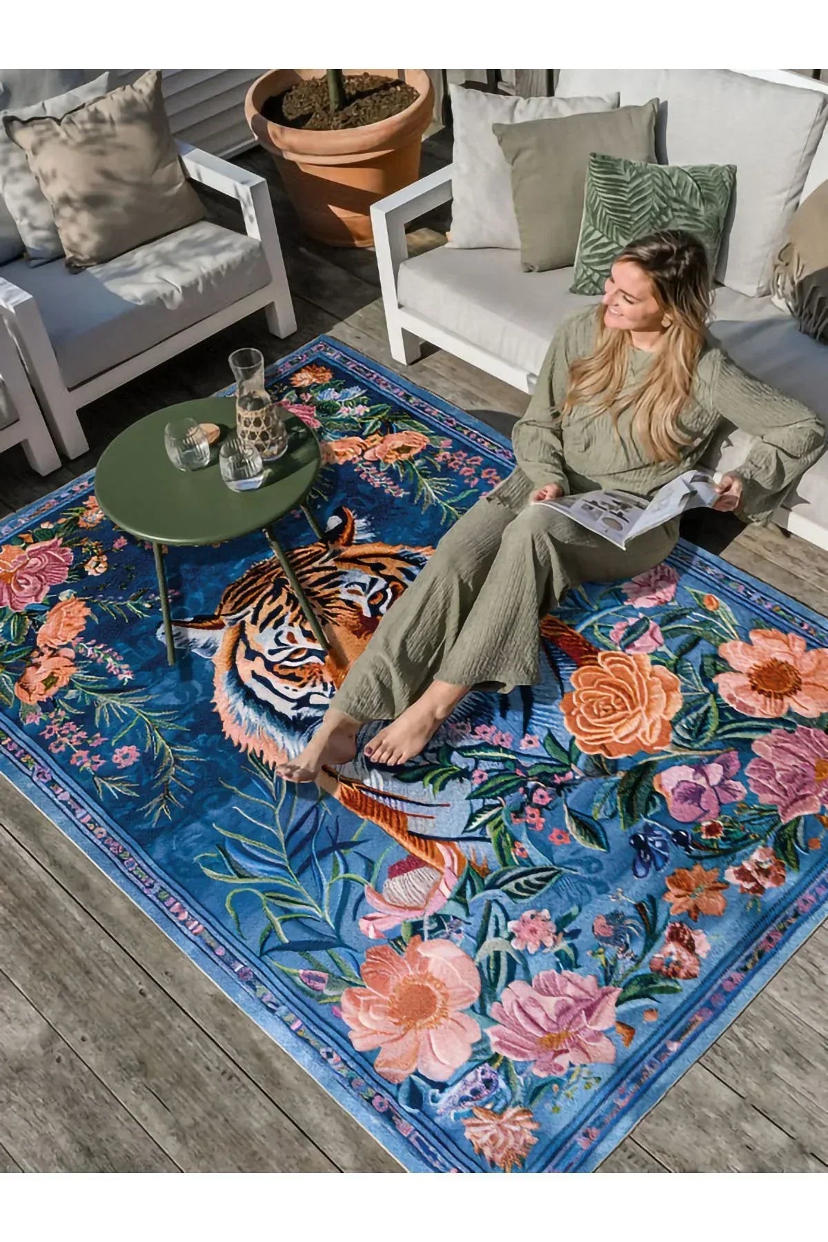Floral Kaplan Temalı Çok Renkli Dokuma Taban Halı Salon Halısı Çocuk Halısı - HALI VAGONU