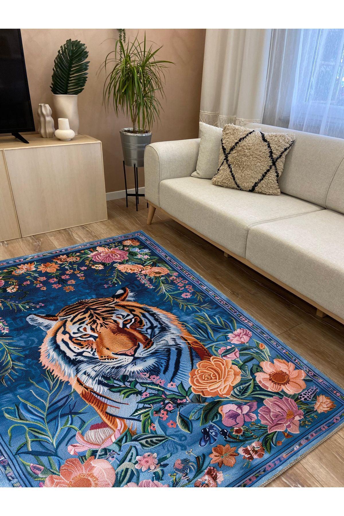 Floral Kaplan Temalı Çok Renkli Dokuma Taban Halı Salon Halısı Çocuk Halısı - HALI VAGONU
