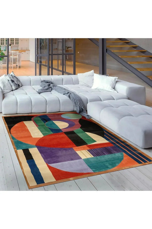 Geometrik Desenli Çok Renkli Modern Salon Halısı Mutfak Halısı Dekoratif Halı Halı Vagonu 219 - HALI VAGONU