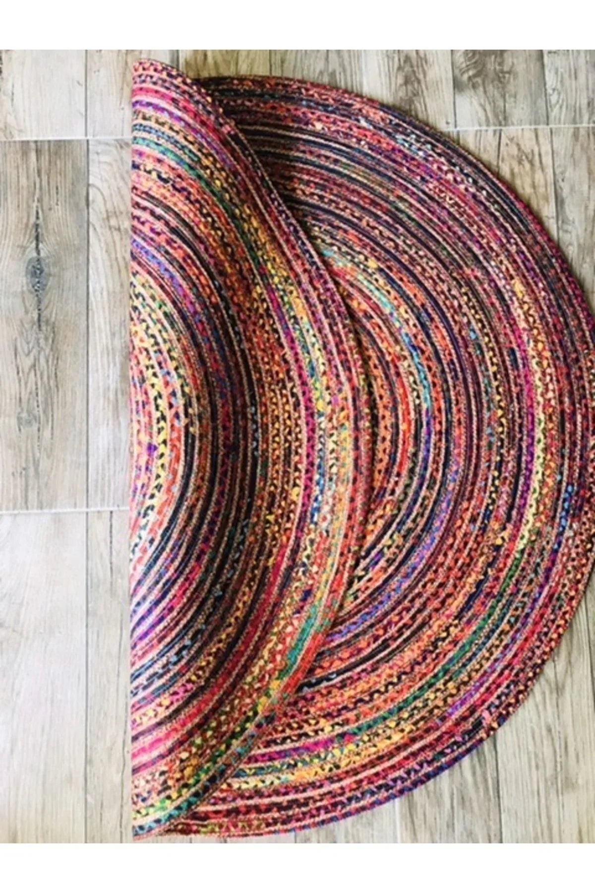 Halı Renkli Yuvarlak Jüt Örme Hasır Halı/Kilim - HALI VAGONU