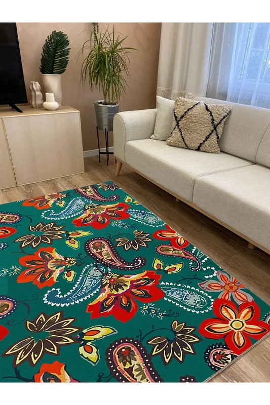 Halı Vagonu 10 Yeşil Tonlarında Çiçekli Modern Stil Geniş Alan Halısı Yıkanabilen Dekoratif Halı - HALI VAGONU