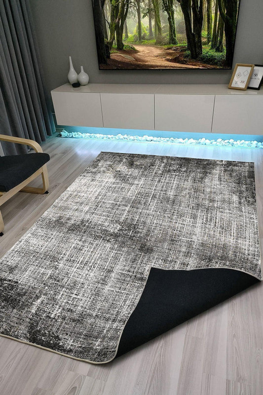 Halı Vagonu 1008 Gri Tonlarında Spor Modern Desenli Dekoratif Kaymaz Taban Halı - HALI VAGONU