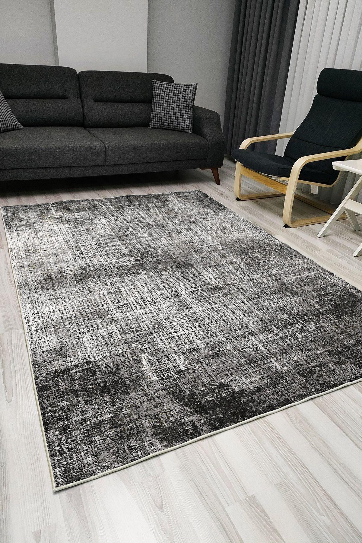 Halı Vagonu 1008 Gri Tonlarında Spor Modern Desenli Dekoratif Kaymaz Taban Halı - HALI VAGONU