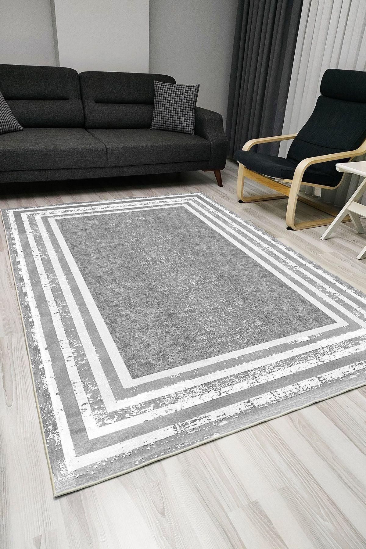 Halı Vagonu 101 Gri Desen Üzerinde Beyaz Şeritli Klasik Dekoratif Kaymaz Taban Halı - HALI VAGONU