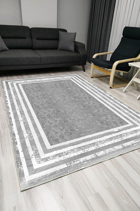 Halı Vagonu 101 Gri Desen Üzerinde Beyaz Şeritli Klasik Dekoratif Kaymaz Taban Halı - HALI VAGONU