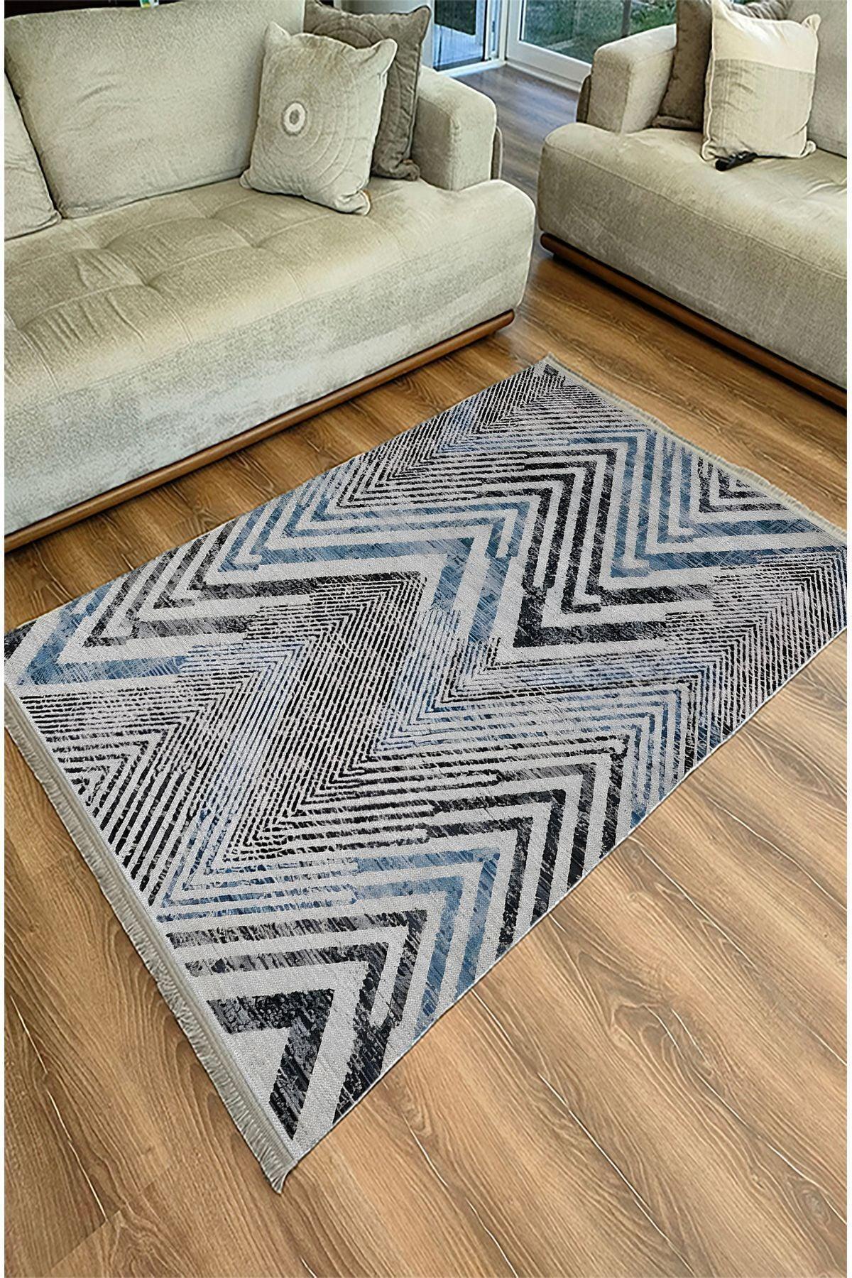 Halı Vagonu 101 Mavi Zigzag Çizgili Dekoratif Halı Saçaklı Halı - HALI VAGONU