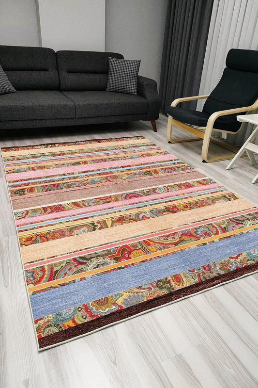 Halı Vagonu 1010 Multy Tonlarında Etnik Dekoratif Kaymaz Taban Halı - HALI VAGONU