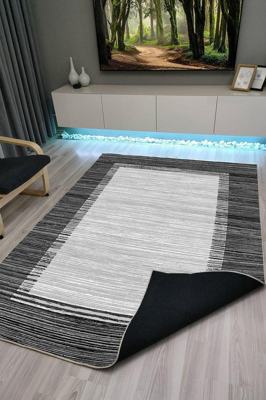 Halı Vagonu 1013 Siyah Bordürlü Desen Dekoratif Kaymaz Taban Halı - HALI VAGONU