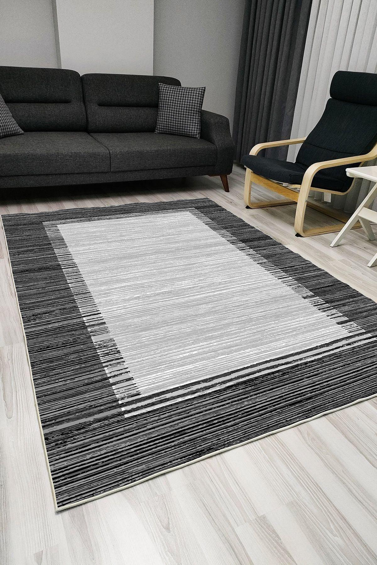 Halı Vagonu 1013 Siyah Bordürlü Desen Dekoratif Kaymaz Taban Halı - HALI VAGONU