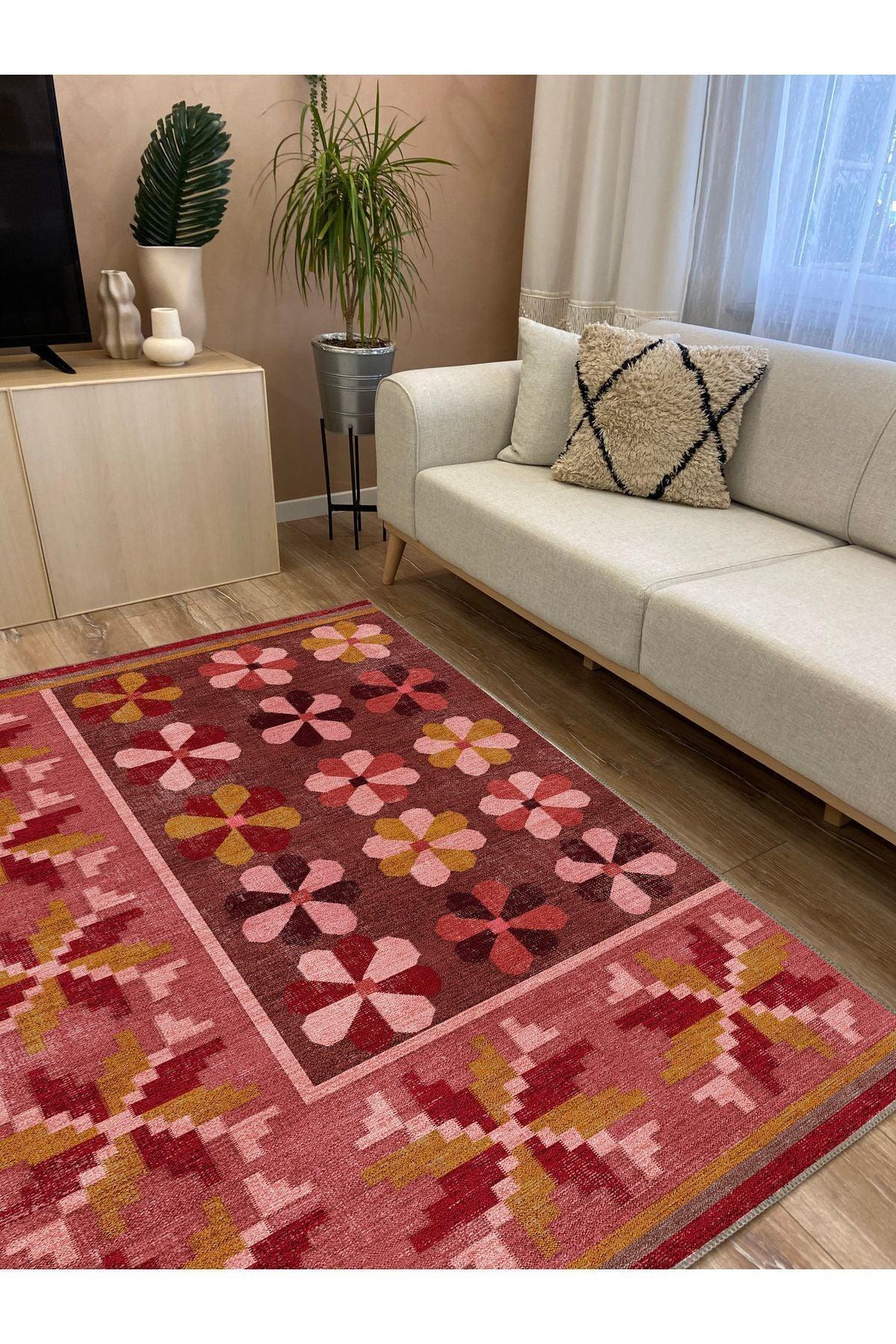 Halı Vagonu 108 Pastel Gül Kurusu Pembe Çiçekli Floral Dokuma Taban Salon Mutfak Halısı - HALI VAGONU