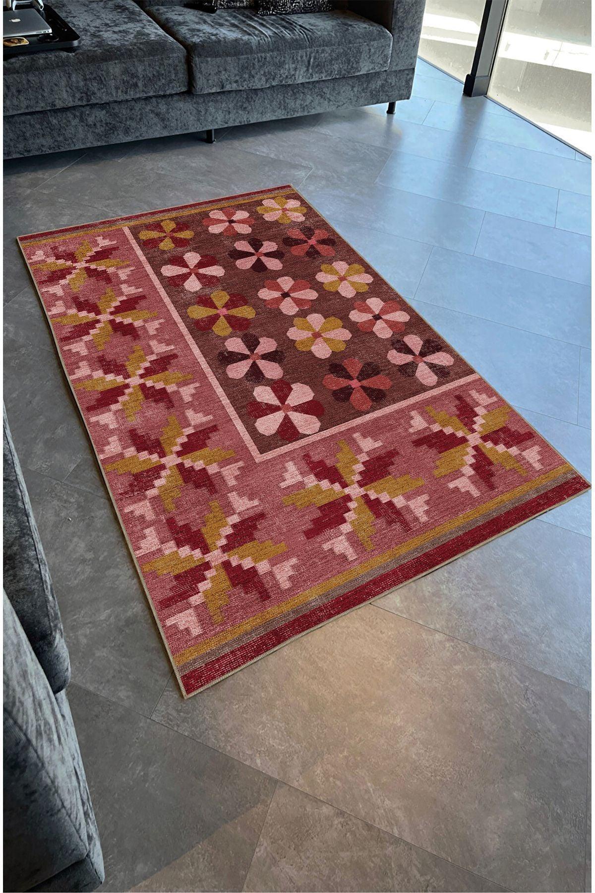 Halı Vagonu 108 Pastel Gül Kurusu Pembe Çiçekli Floral Dokuma Taban Salon Mutfak Halısı - HALI VAGONU