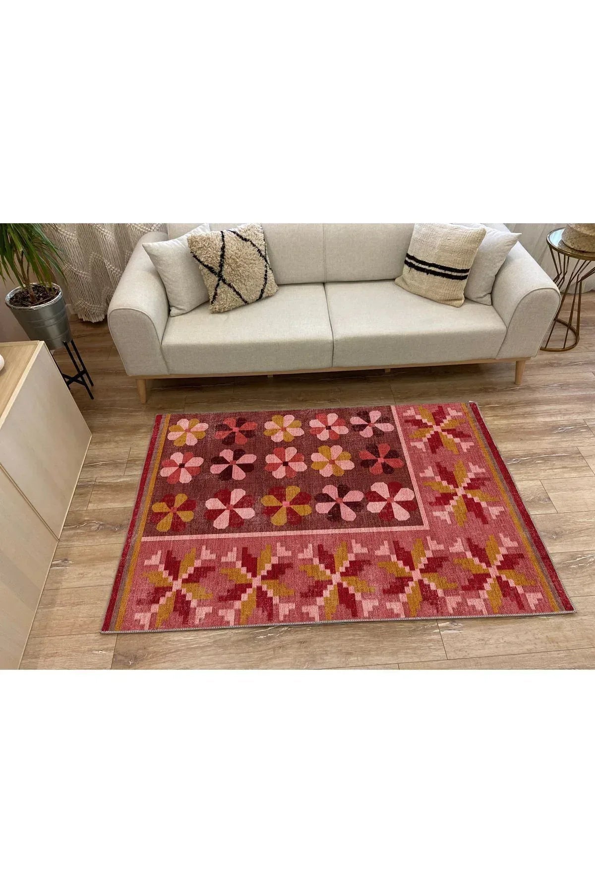 Halı Vagonu 108 Pastel Gül Kurusu Pembe Çiçekli Floral Dokuma Taban Salon Mutfak Halısı - HALI VAGONU