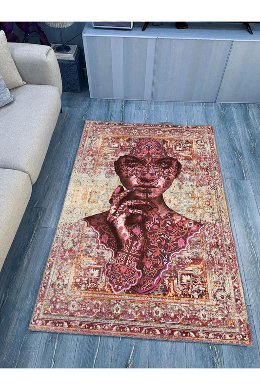 Halı Vagonu 125 Kiremit Tonunda Eskitme Kadın Silüeti Etnik Desenli Vintage Dokuma Taban Halı - HALI VAGONU