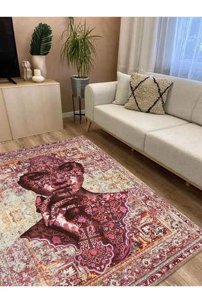 Halı Vagonu 125 Kiremit Tonunda Eskitme Kadın Silüeti Etnik Desenli Vintage Dokuma Taban Halı - HALI VAGONU