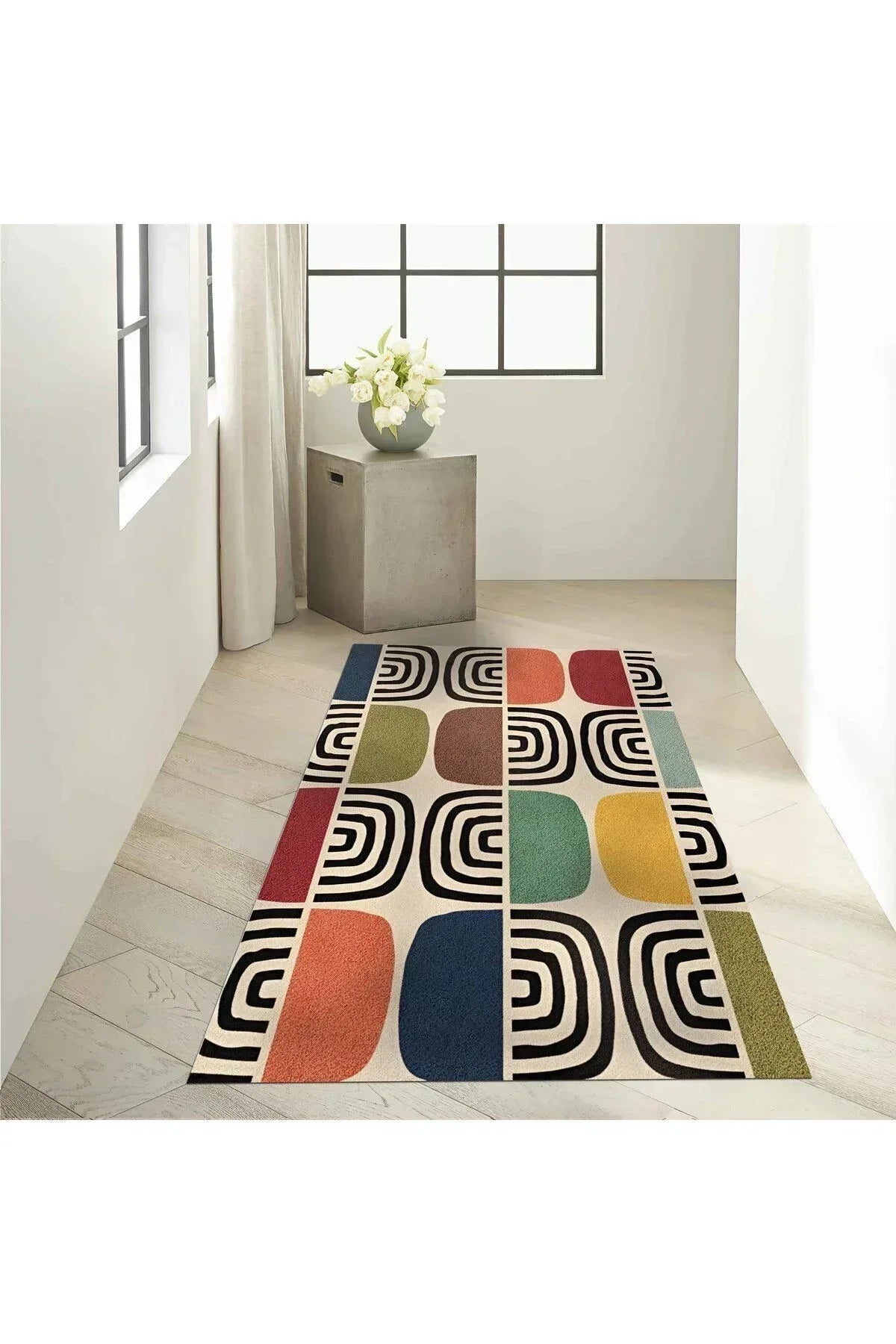 Halı Vagonu 141 Bej Geometrik Modern Çok Renkli Modern Dokuma Taban Halı - HALI VAGONU