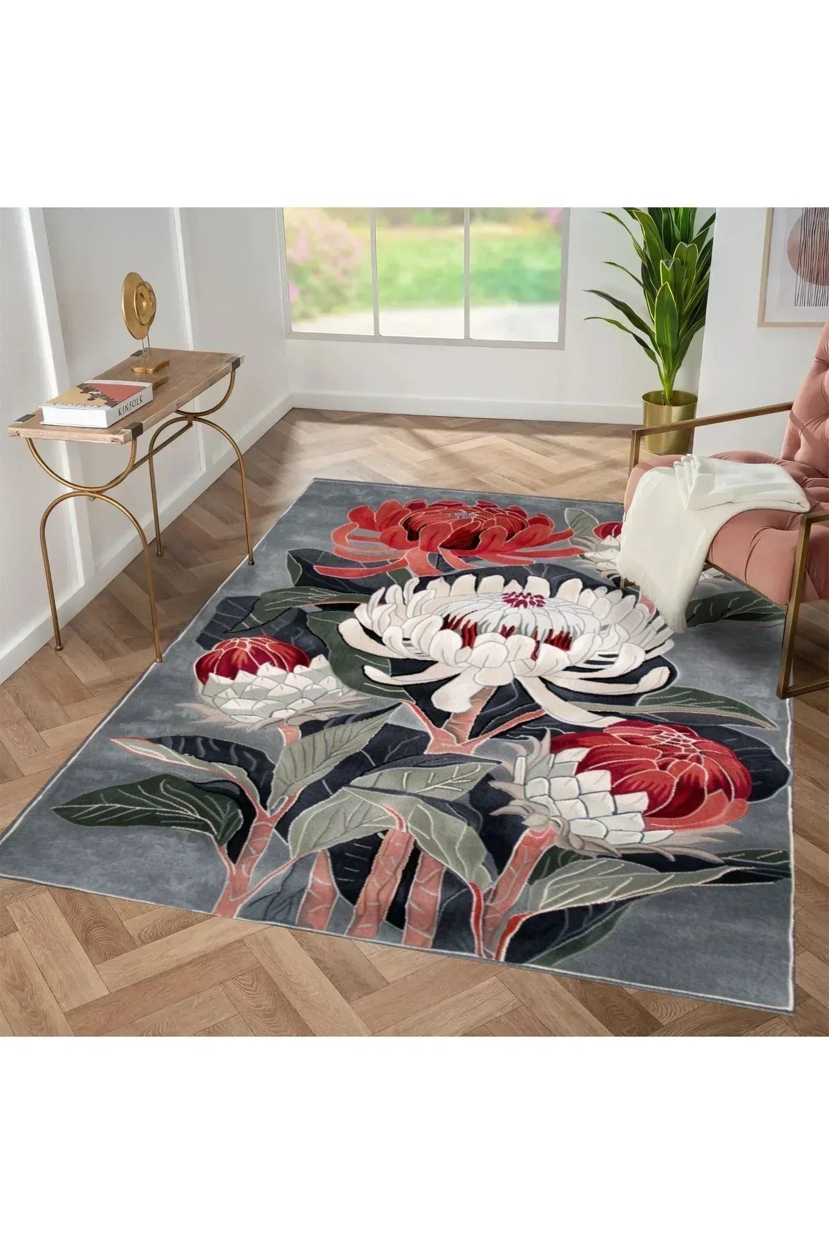 Halı Vagonu 147 Yeşil Kırmızı Büyük Çiçekli Floral Dokuma Taban Halı - HALI VAGONU