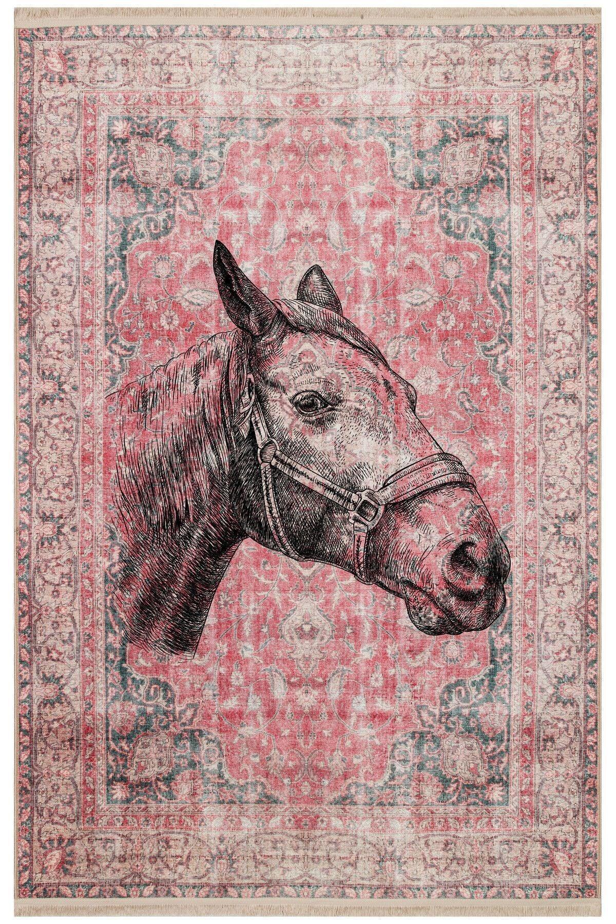 Halı Vagonu 149 Vintage Kırmızı El Çizimi At Temalı Dokuma Taban Halı - HALI VAGONU