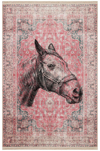 Halı Vagonu 149 Vintage Kırmızı El Çizimi At Temalı Dokuma Taban Halı - HALI VAGONU