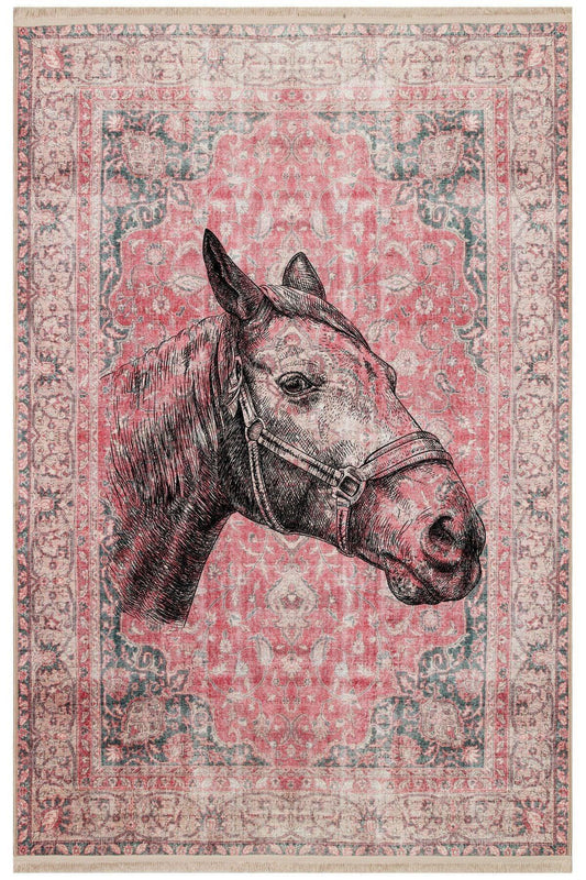 Halı Vagonu 149 Vintage Kırmızı El Çizimi At Temalı Dokuma Taban Halı - HALI VAGONU