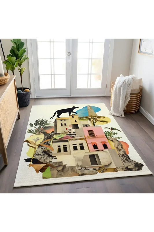 Halı Vagonu 158 Kedi ve Şehir Temalı El Çizimi Stili Dokuma Taban Halı - HALI VAGONU