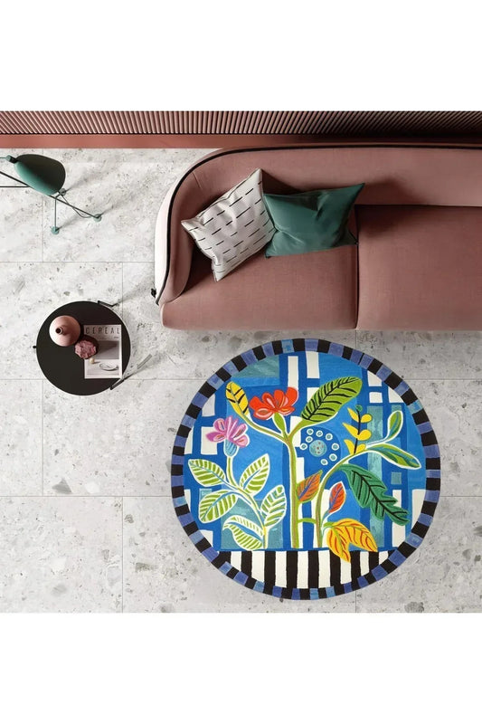 Halı Vagonu 165 Çiçekli Minimalist Stil Modern Pamuk Dokuma Taban Yuvarlak Halı - HALI VAGONU