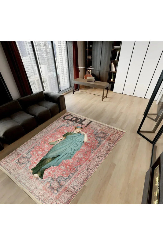 Halı Vagonu 168 Kırmızı Vintage Art Cool Heykel Figürlü Modern Dokuma Taban Halı - HALI VAGONU