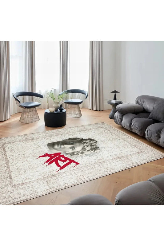 Halı Vagonu 170 Bej Vintage Art Yazılı Heykel Figürlü Modern Dokuma Taban Halı - HALI VAGONU