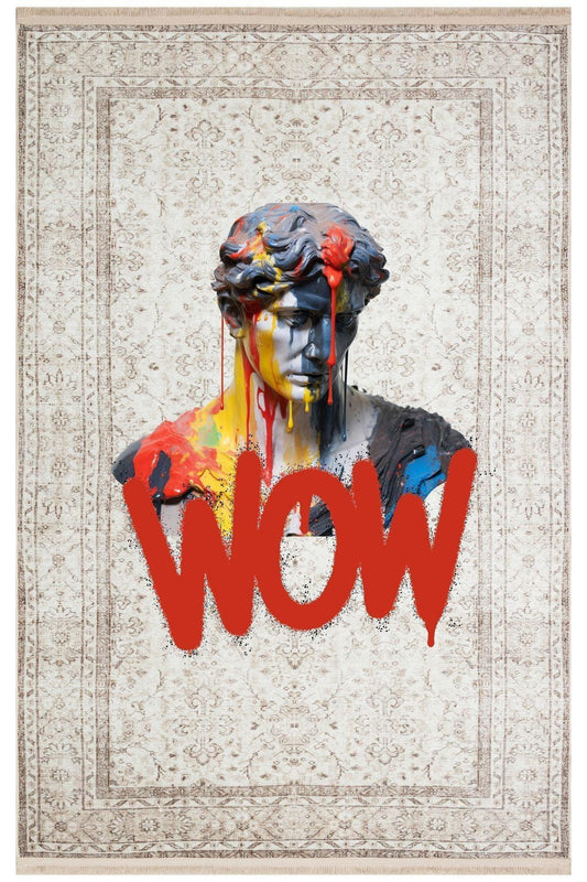 Halı Vagonu 172 Bej Vintage Wow Yazılı Heykel Art Modern Dokuma Taban Halı - HALI VAGONU
