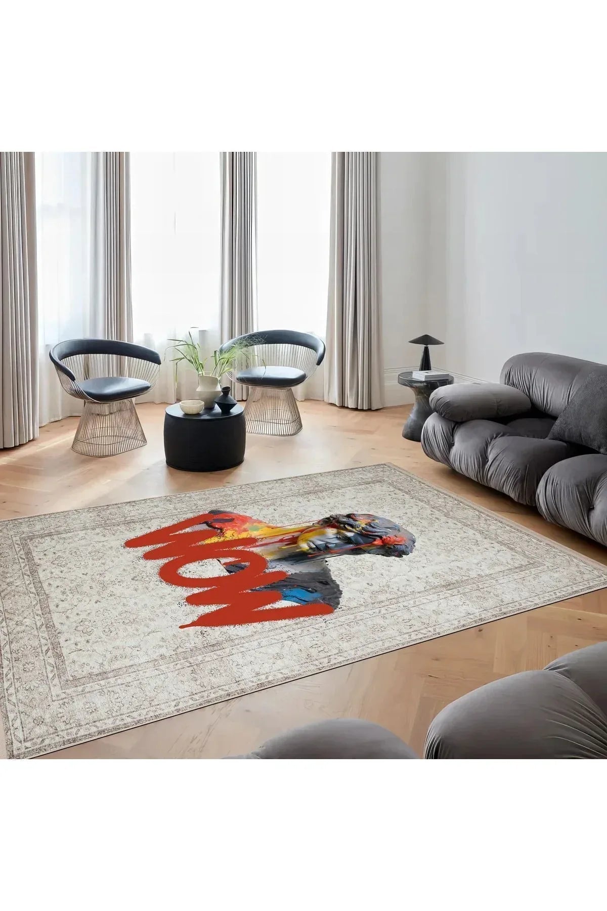 Halı Vagonu 172 Bej Vintage Wow Yazılı Heykel Art Modern Dokuma Taban Halı - HALI VAGONU