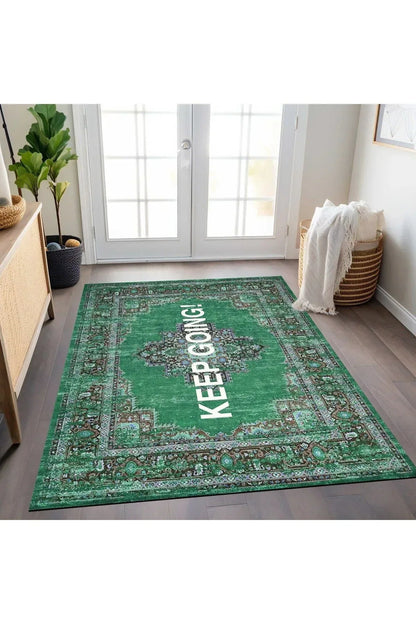 Halı Vagonu 185 Keep Going Yazılı Yeşil Etnik Vintage Dokuma Taban Halı - HALI VAGONU