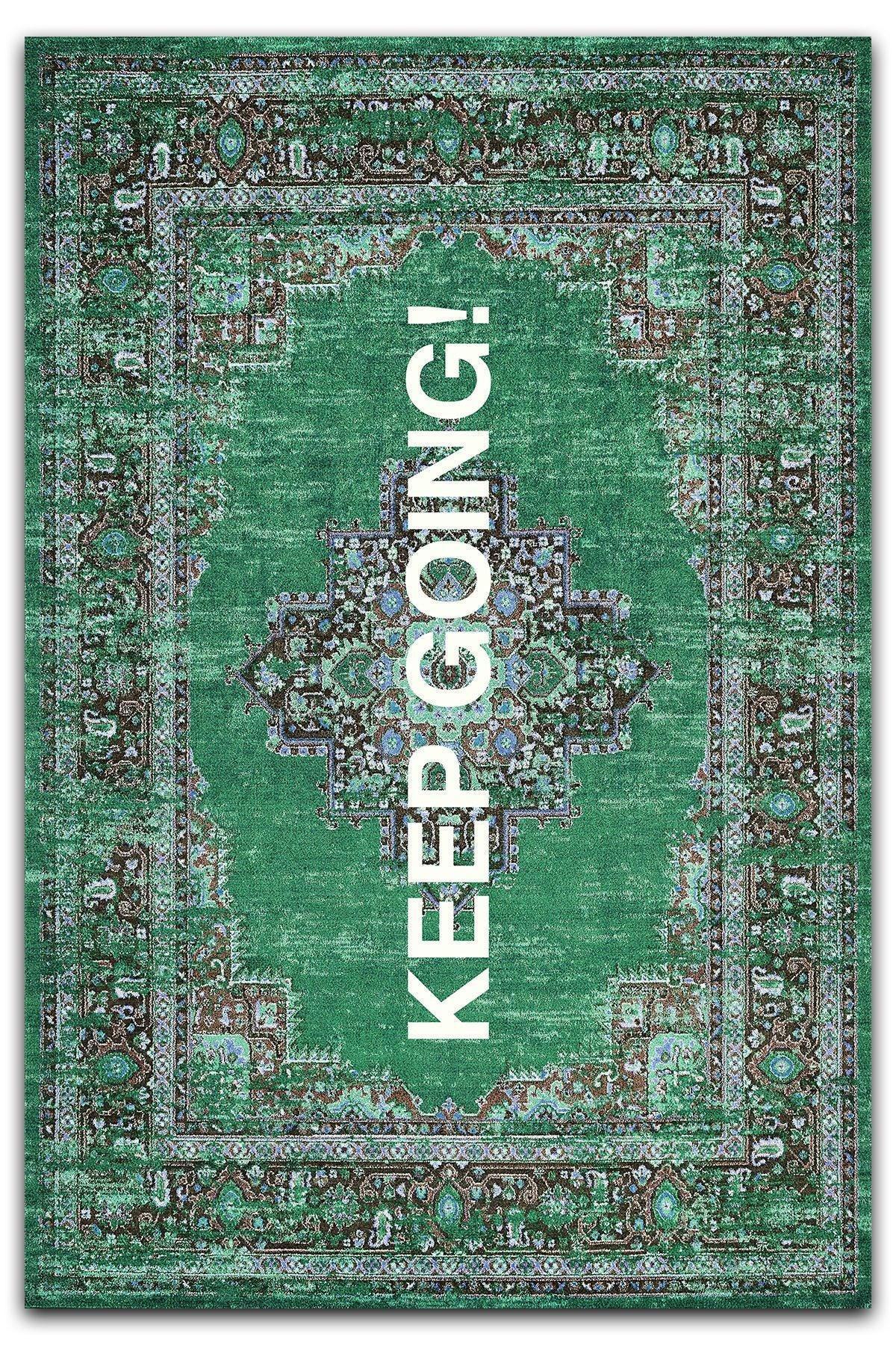 Halı Vagonu 185 Keep Going Yazılı Yeşil Etnik Vintage Dokuma Taban Halı - HALI VAGONU