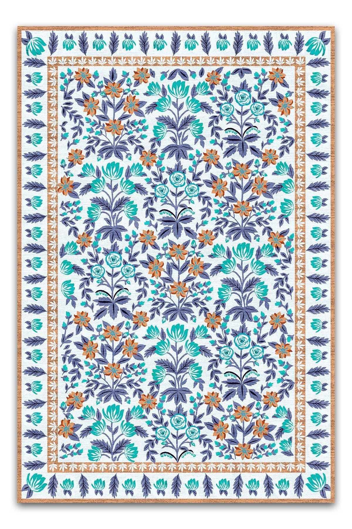 Halı Vagonu 192 Mor Turkuaz Çiçeksi Pastel Modern Dokuma Taban Halı - HALI VAGONU
